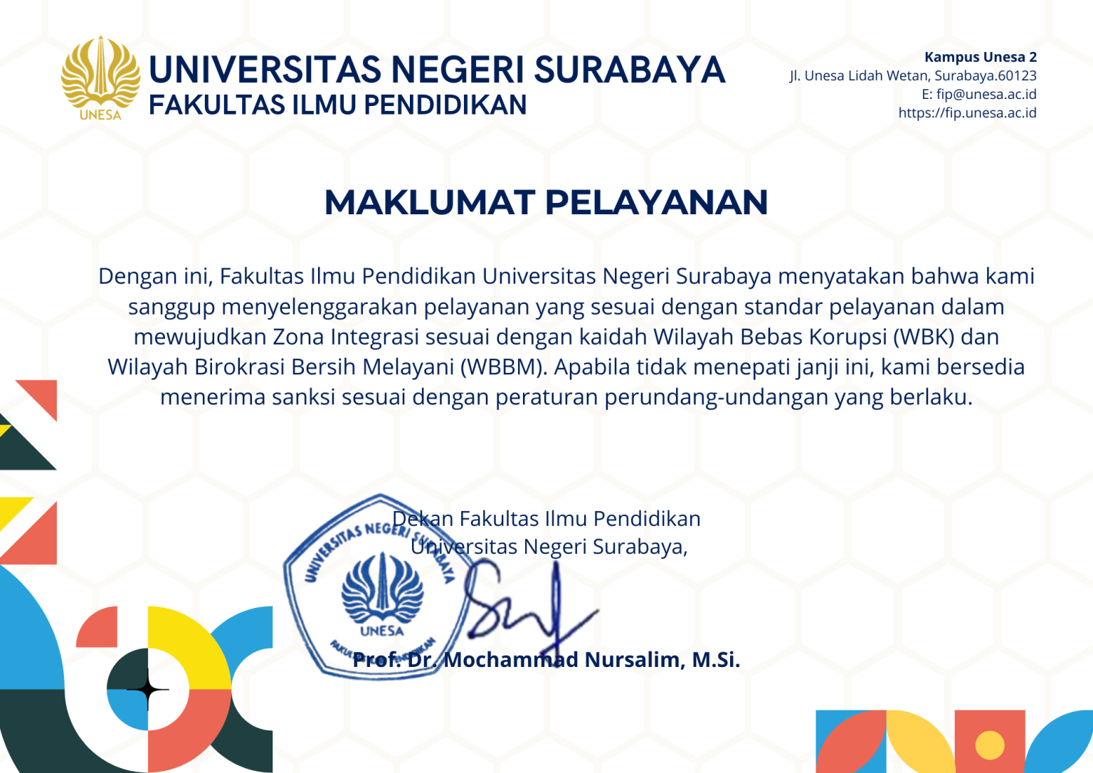 Maklumat Pelayanan FIP UNESA